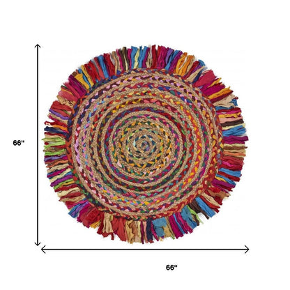 4' Rainbow Abstract Geometric Hand Woven Round Rug With Fringe