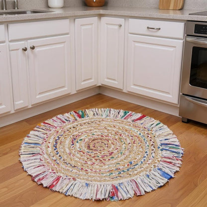 6' Blue And White Abstract Geometric Hand Woven Round Rug