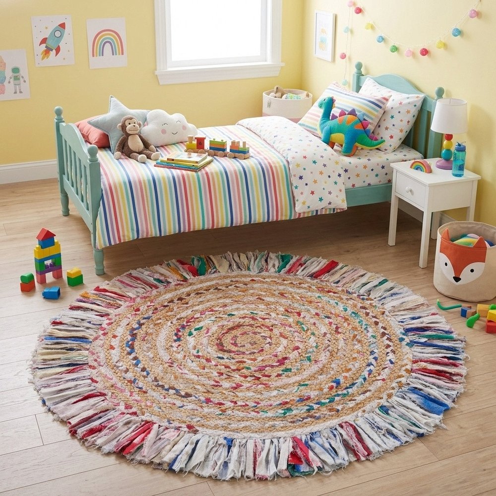 4' Blue And White Abstract Geometric Hand Woven Round Rug