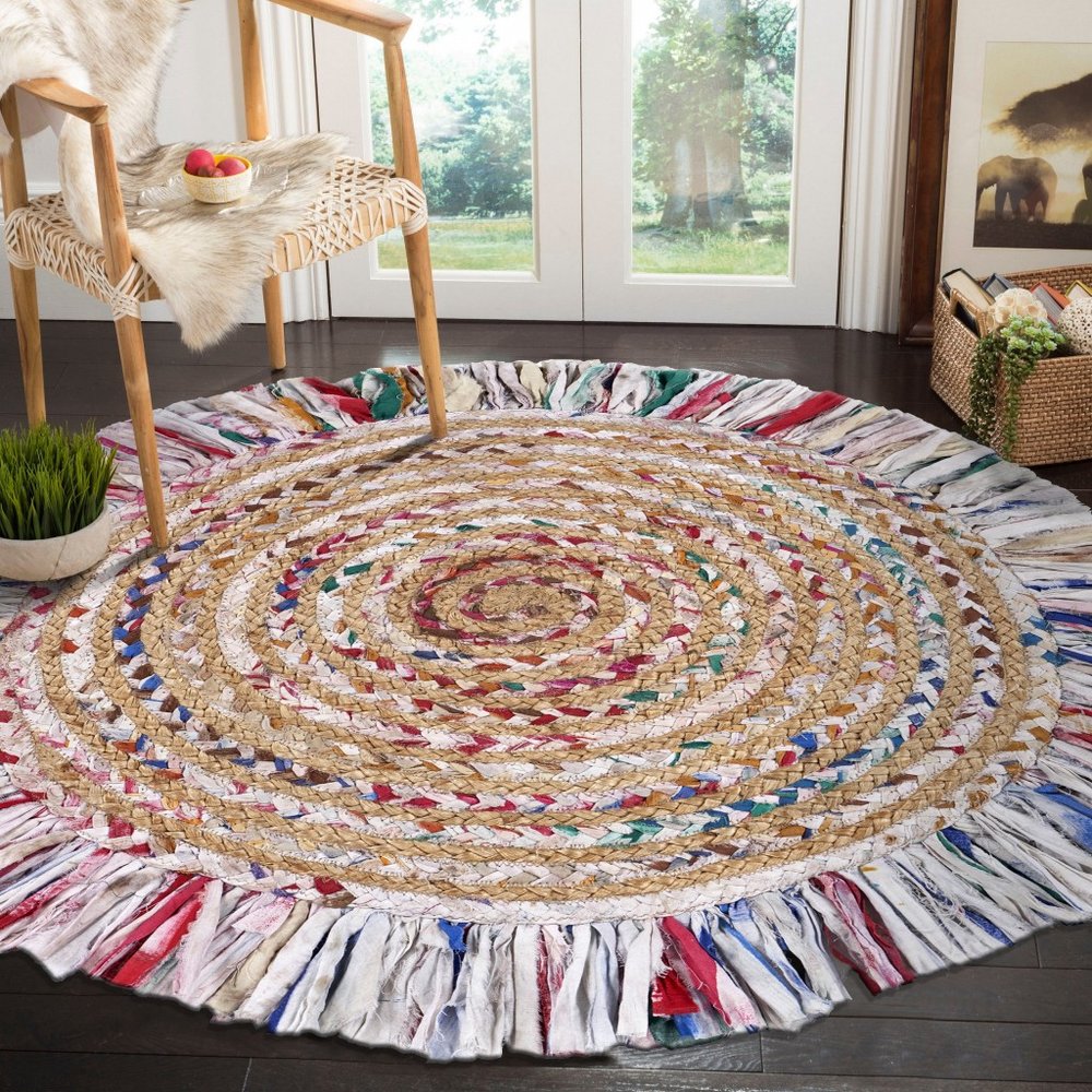6' Blue And White Abstract Geometric Hand Woven Round Rug