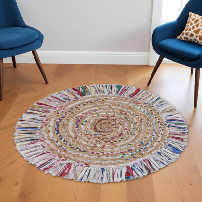 6' Blue And White Abstract Geometric Hand Woven Round Rug