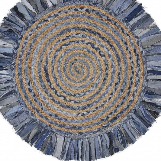 4' Beige And Blue Abstract Geometric Hand Woven Round Rug