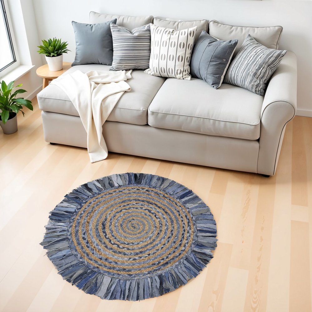 4' Beige And Blue Abstract Geometric Hand Woven Round Rug