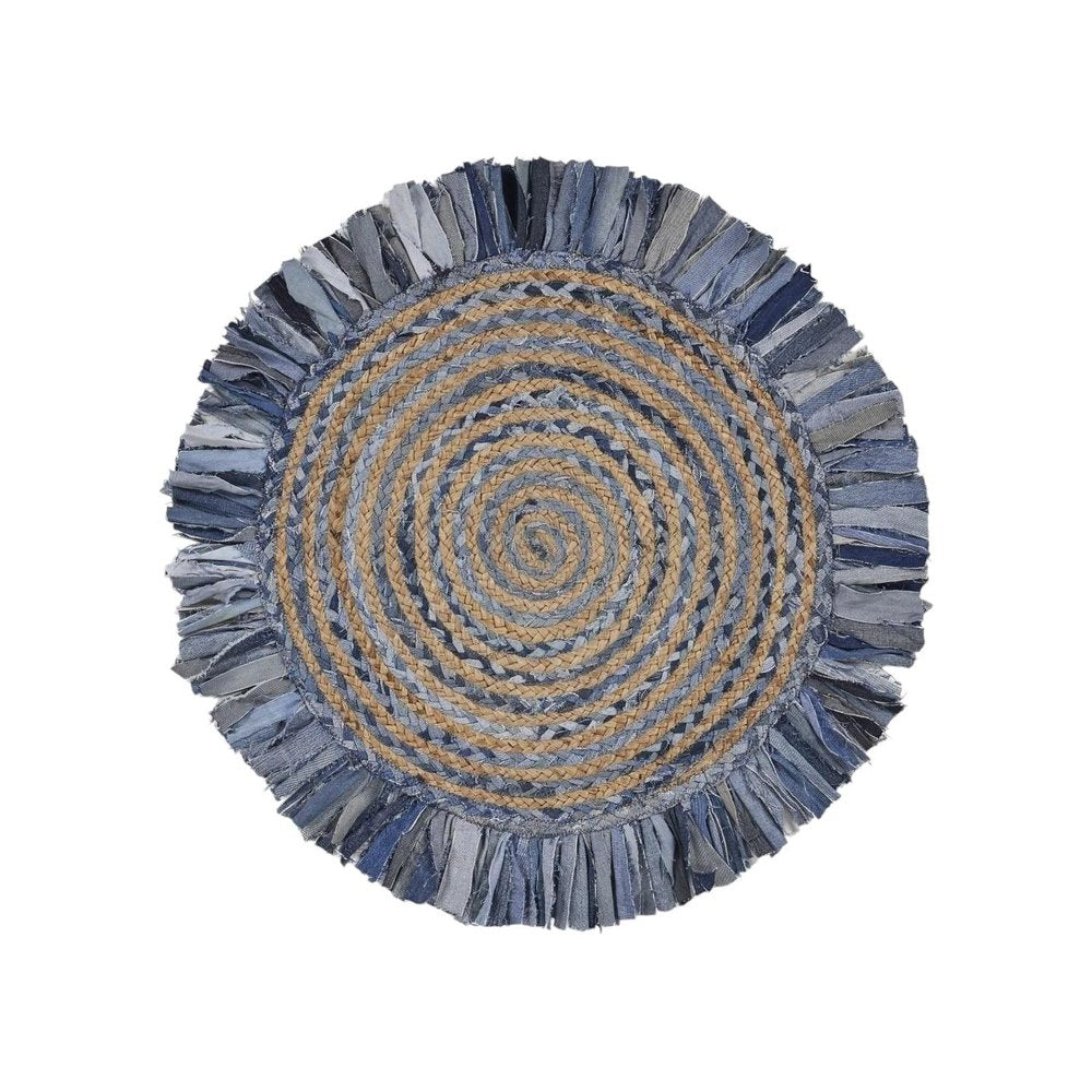 4' Beige And Blue Abstract Geometric Hand Woven Round Rug