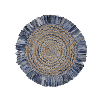 4' Beige And Blue Abstract Geometric Hand Woven Round Rug