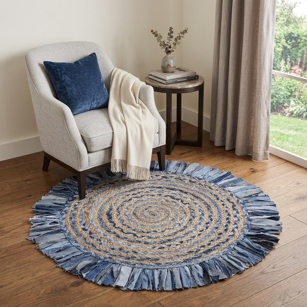 4' Beige And Blue Abstract Geometric Hand Woven Round Rug