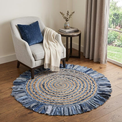 4' Beige And Blue Abstract Geometric Hand Woven Round Rug