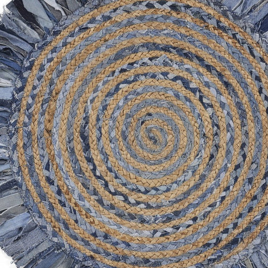 4' Beige And Blue Abstract Geometric Hand Woven Round Rug