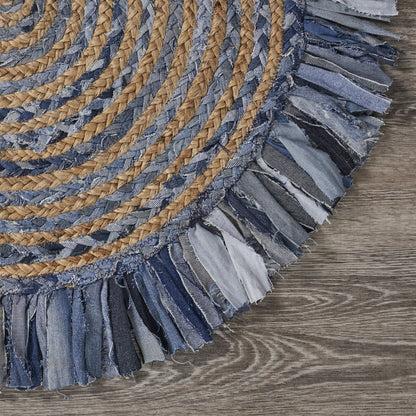 4' Beige And Blue Abstract Geometric Hand Woven Round Rug