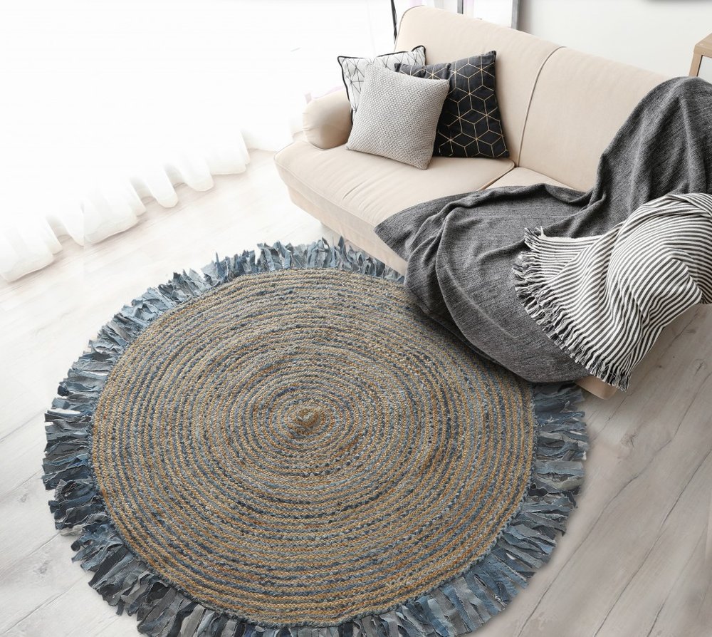 4' Beige And Blue Abstract Geometric Hand Woven Round Rug