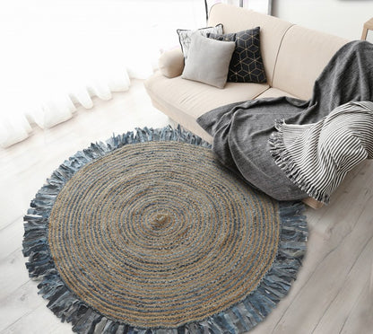 4' Beige And Blue Abstract Geometric Hand Woven Round Rug