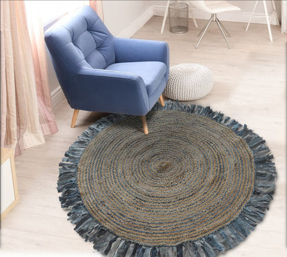 4' Beige And Blue Abstract Geometric Hand Woven Round Rug