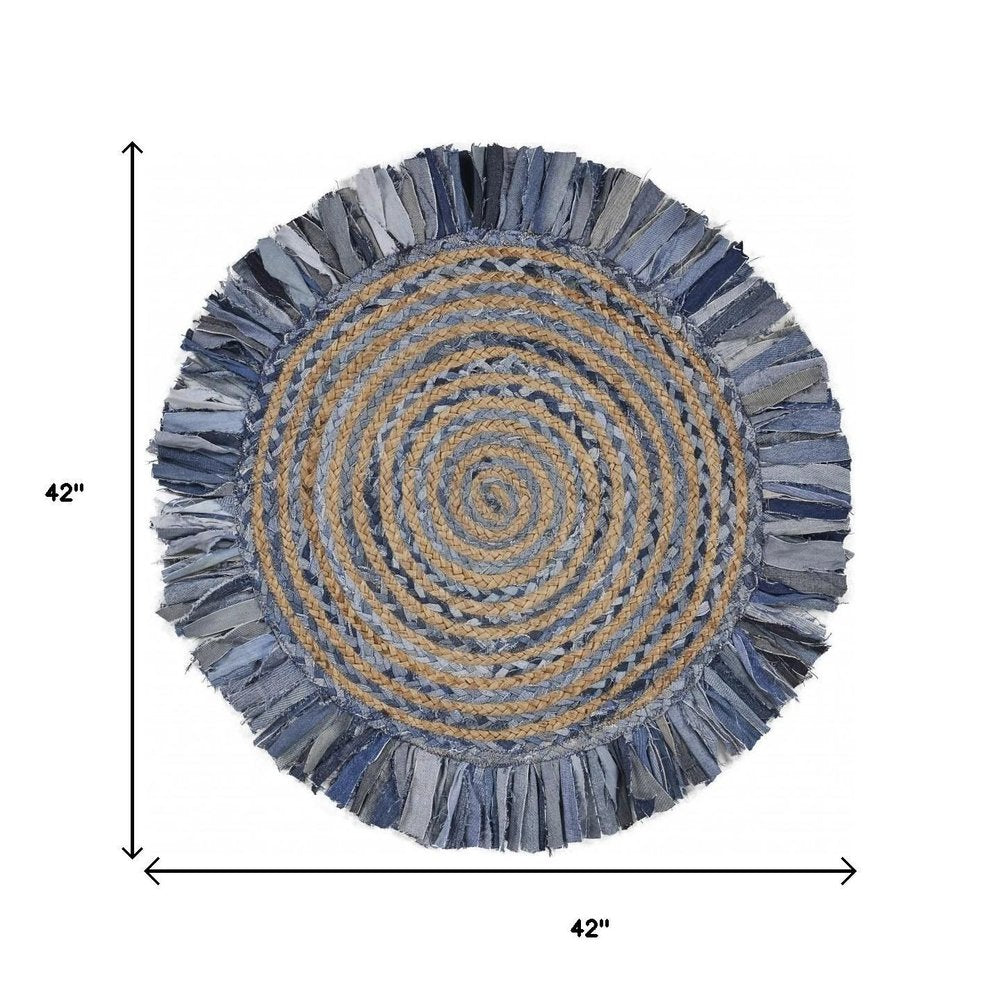 4' Beige And Blue Abstract Geometric Hand Woven Round Rug