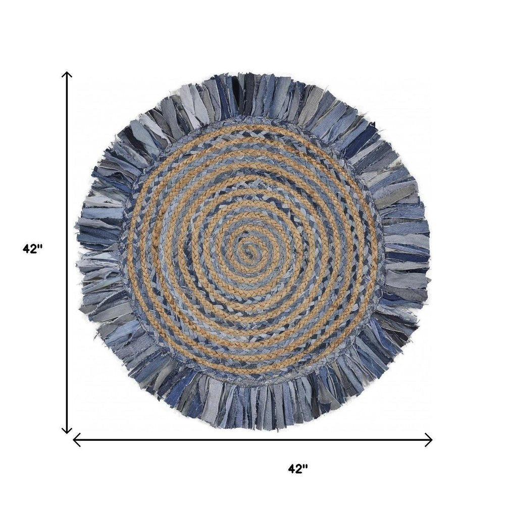 4' Beige And Blue Abstract Geometric Hand Woven Round Rug