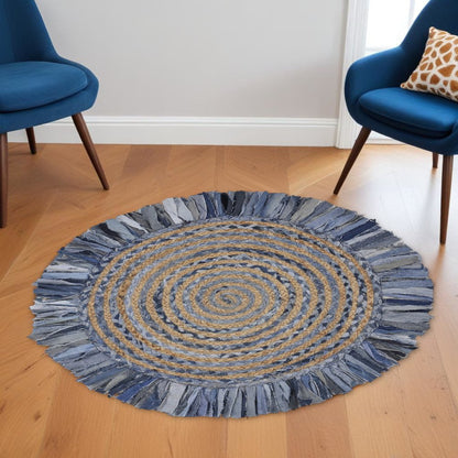 4' Beige And Blue Abstract Geometric Hand Woven Round Rug