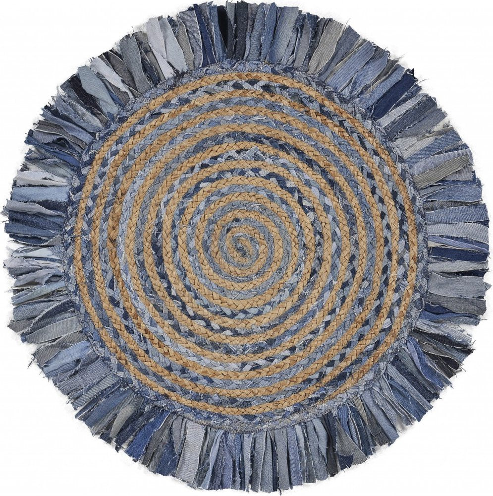 4' Beige And Blue Abstract Geometric Hand Woven Round Rug