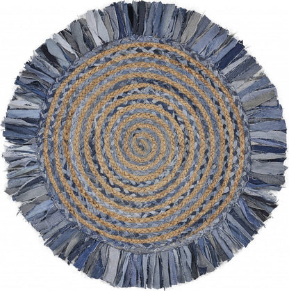 4' Beige And Blue Abstract Geometric Hand Woven Round Rug