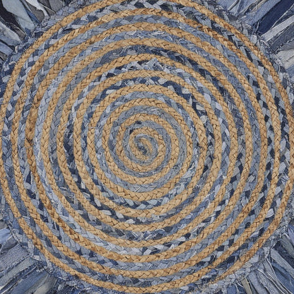 4' Beige And Blue Abstract Geometric Hand Woven Round Rug