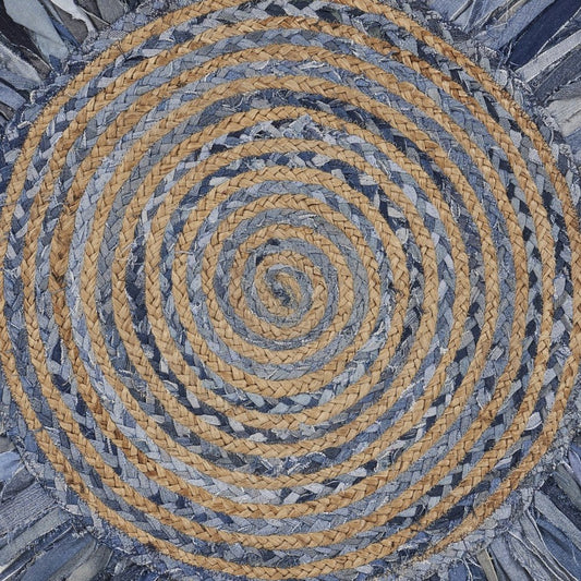 6' Beige And Blue Abstract Geometric Hand Woven Round Rug