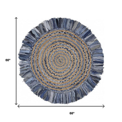 4' Beige And Blue Abstract Geometric Hand Woven Round Rug