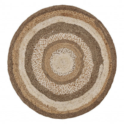 5' Beige Jute Abstract Geometric Hand Braided Round Rug