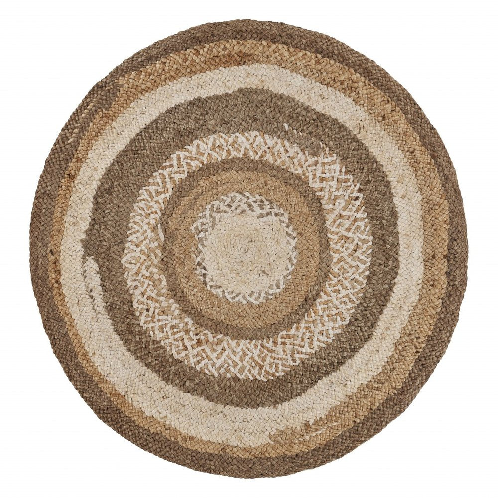 5' Beige Jute Abstract Geometric Hand Braided Round Rug