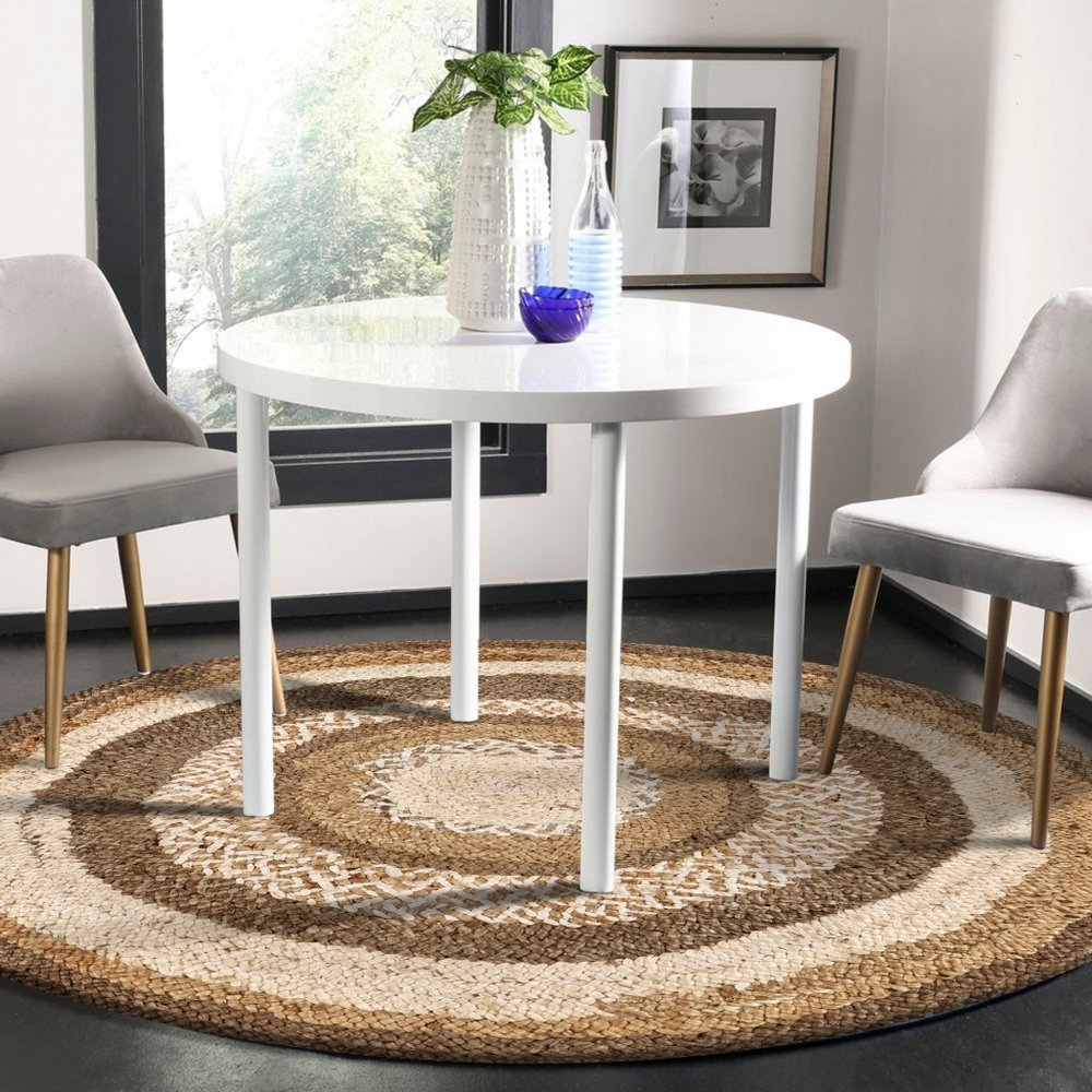 5' Beige Jute Abstract Geometric Hand Braided Round Rug