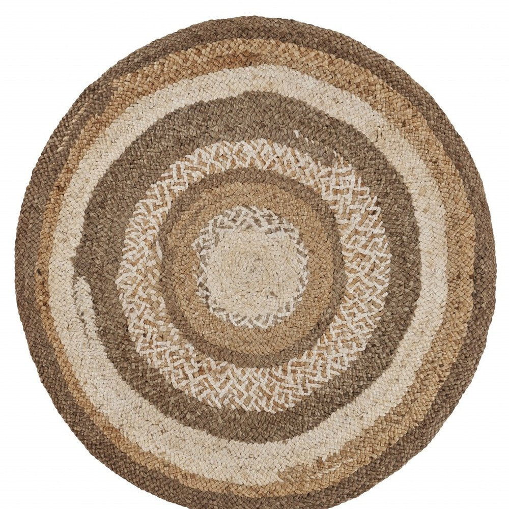 5' Beige Jute Abstract Geometric Hand Braided Round Rug