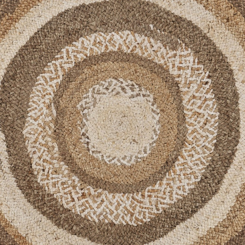 5' Beige Jute Abstract Geometric Hand Braided Round Rug