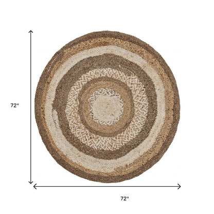 5' Beige Jute Abstract Geometric Hand Braided Round Rug