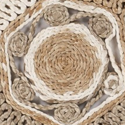6' Beige Jute Abstract Geometric Hand Braided Round Rug