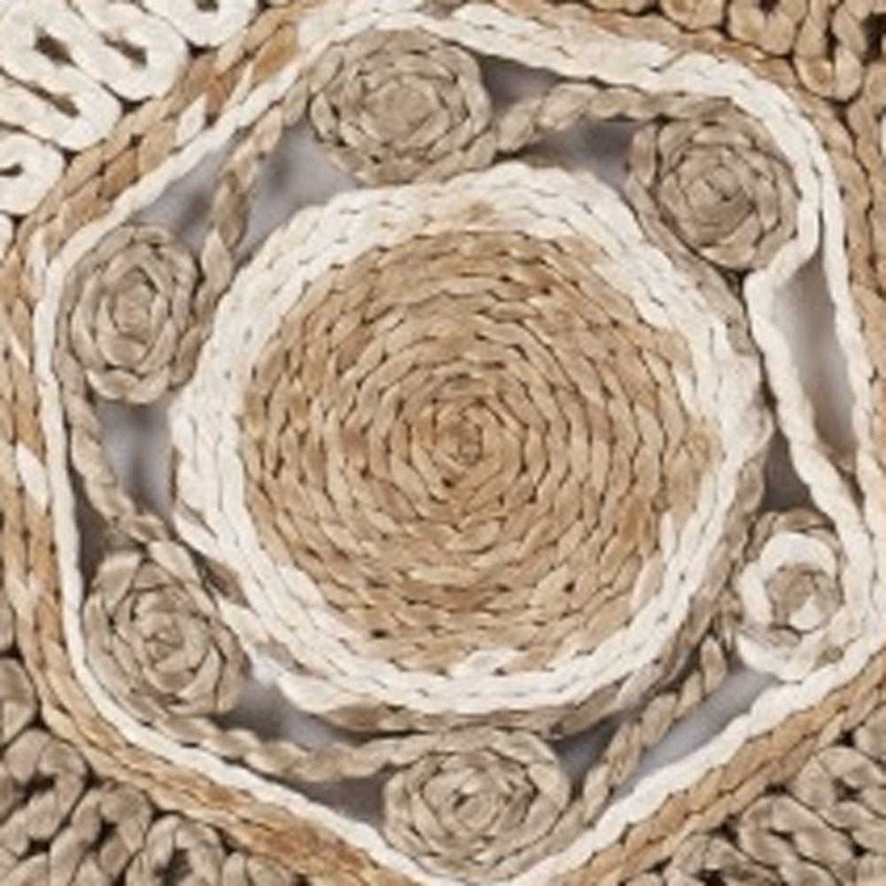 6' Beige Jute Abstract Geometric Hand Braided Round Rug