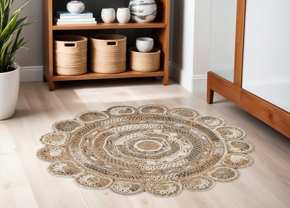 6' Beige Jute Abstract Geometric Hand Braided Round Rug