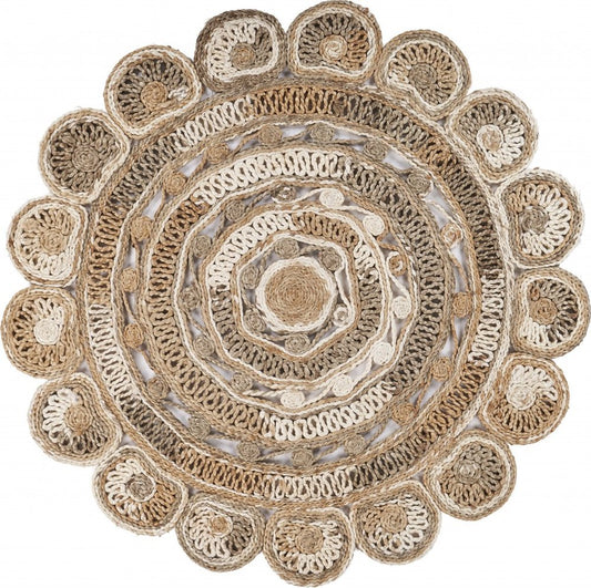 5' X 5' Beige Jute Abstract Geometric Hand Braided Area Rug