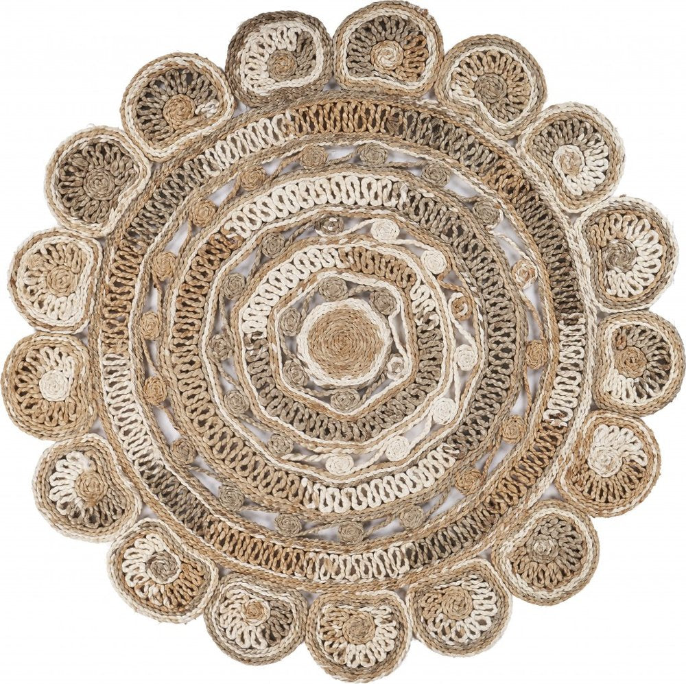 6' Beige Jute Abstract Geometric Hand Braided Round Rug