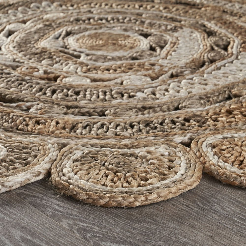 6' Beige Jute Abstract Geometric Hand Braided Round Rug