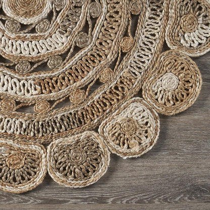 6' Beige Jute Abstract Geometric Hand Braided Round Rug