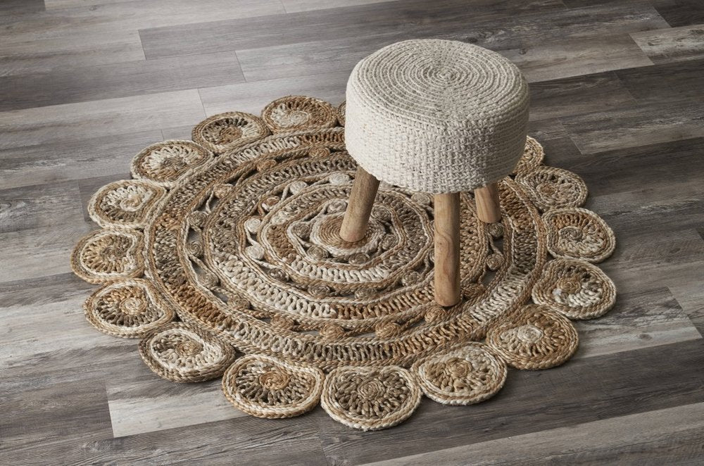 6' Beige Jute Abstract Geometric Hand Braided Round Rug