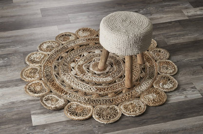 6' Beige Jute Abstract Geometric Hand Braided Round Rug