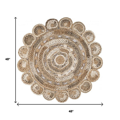 6' Beige Jute Abstract Geometric Hand Braided Round Rug