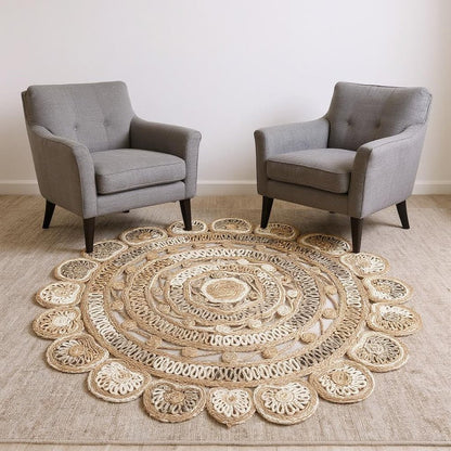 6' Beige Jute Abstract Geometric Hand Braided Round Rug