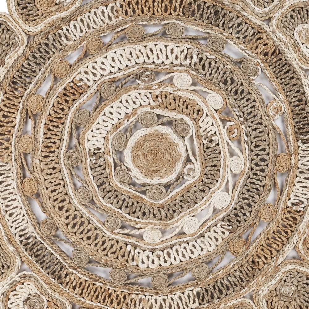 6' Beige Jute Abstract Geometric Hand Braided Round Rug