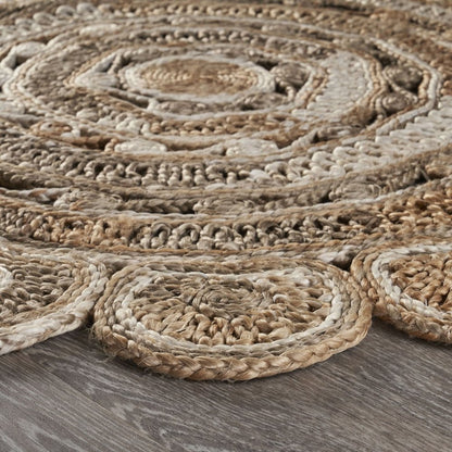 6' Beige Jute Abstract Geometric Hand Braided Round Rug