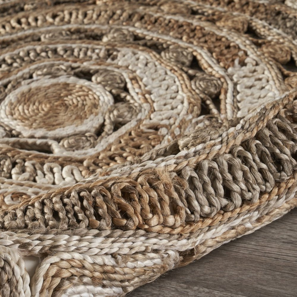 6' Beige Jute Abstract Geometric Hand Braided Round Rug