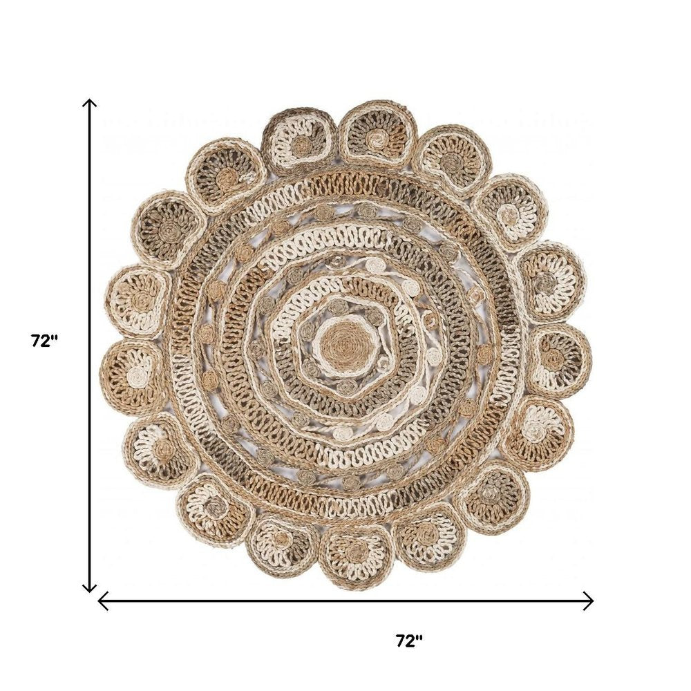 6' Beige Jute Abstract Geometric Hand Braided Round Rug