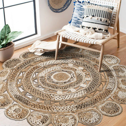 6' Beige Jute Abstract Geometric Hand Braided Round Rug