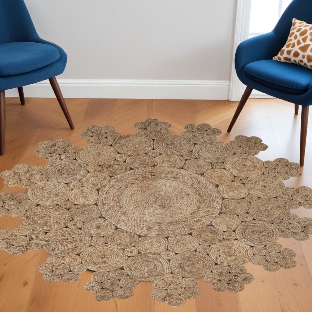 6' Natural Jute Abstract Geometric Hand Braided Round Rug