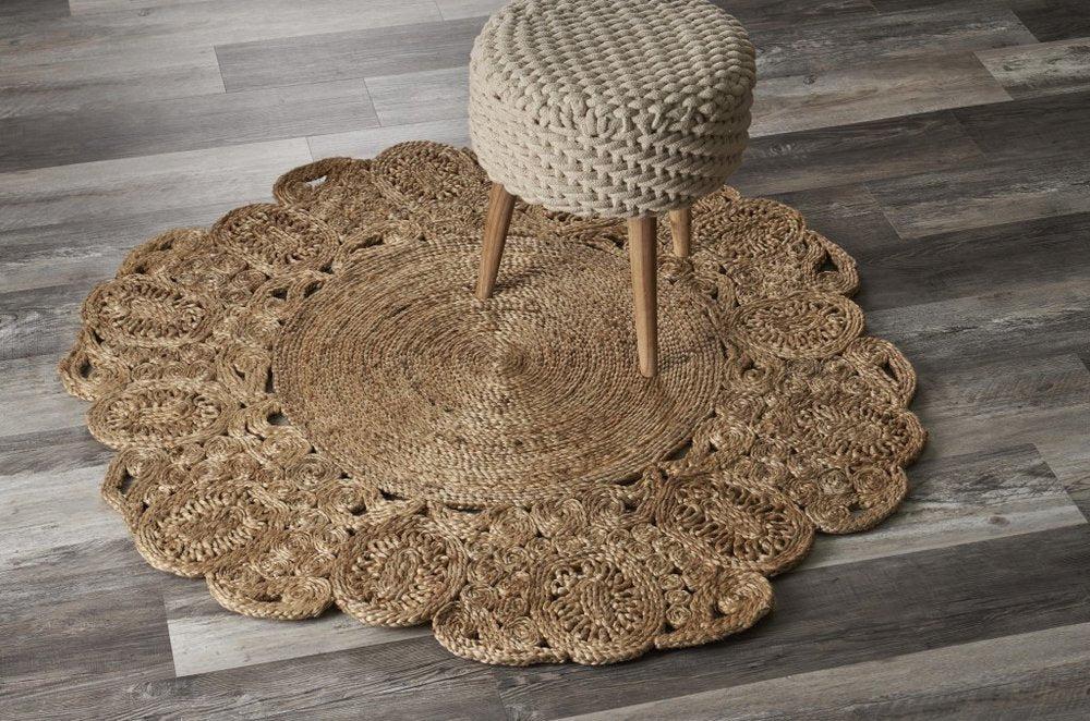 6' Natural Jute Abstract Geometric Hand Braided Round Rug