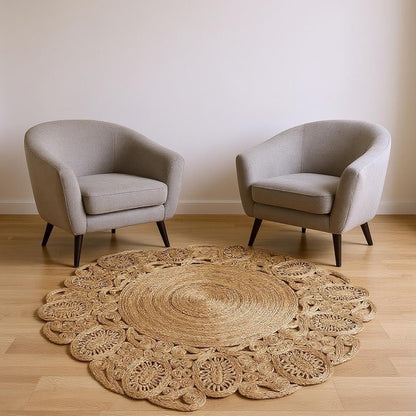 6' Natural Jute Abstract Geometric Hand Braided Round Rug