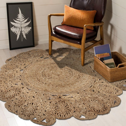 6' Natural Jute Abstract Geometric Hand Braided Round Rug
